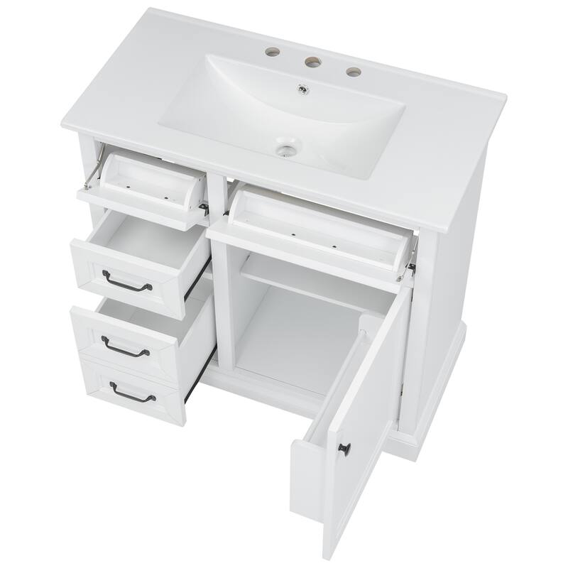 36-Inch Bathroom Vanity with Ceramic Sink Top, 4 Drawers and 1 Soft-Close Door, Freestanding Storage Cabinet with Metal Handles