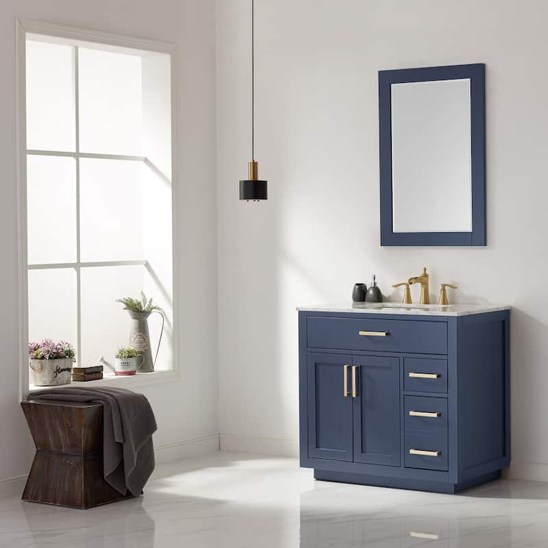 Altair Ivy Single Bathroom Vanity Set and Carrara White Countertop with Mirror - 36 - Royal Blue + Brushed Copper Hardware