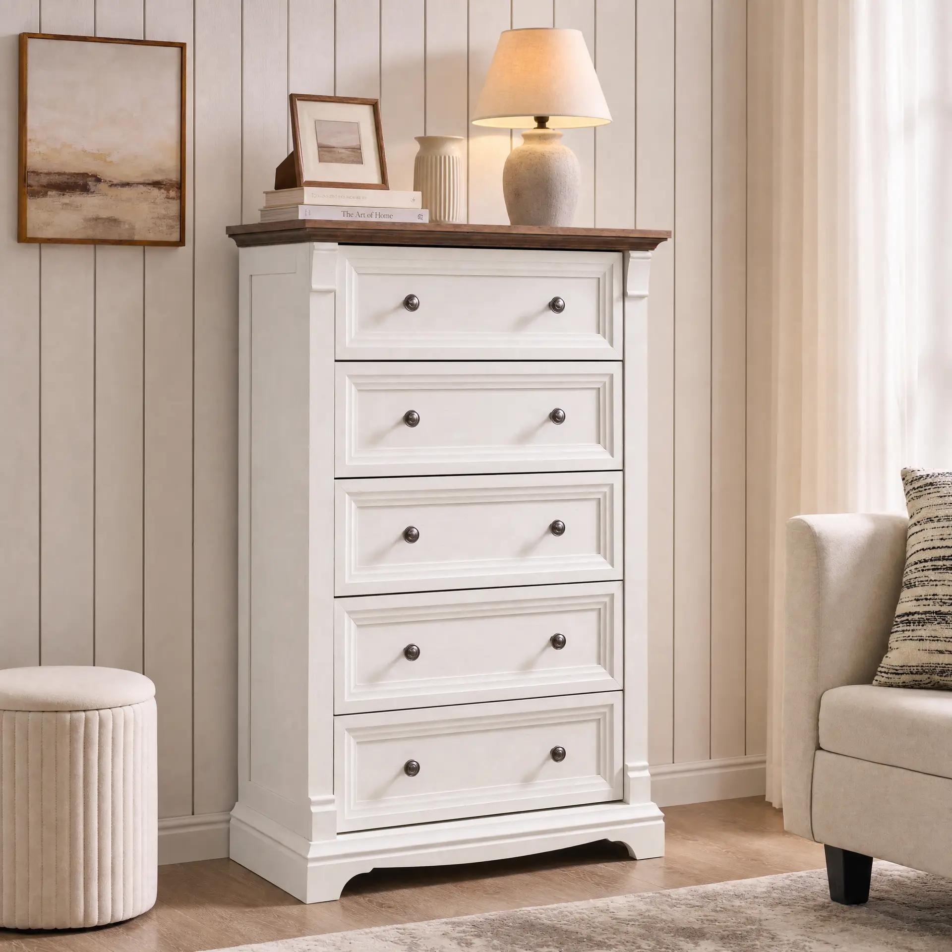 Farmhouse 5 Drawers Dresser, Wood Rustic Chest of Drawers for Bedroom