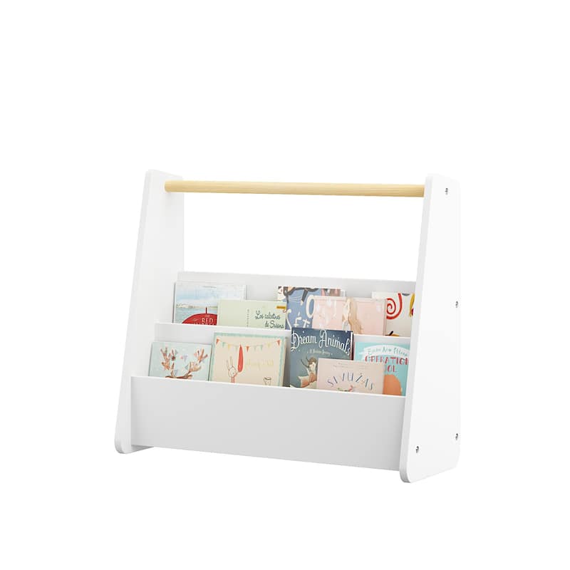 Kids Bookshelf with Wooden Handle, 2-Tier Front-Facing Toddler Bookcase, Portable Children's Book Storage Organizer for Bedroom