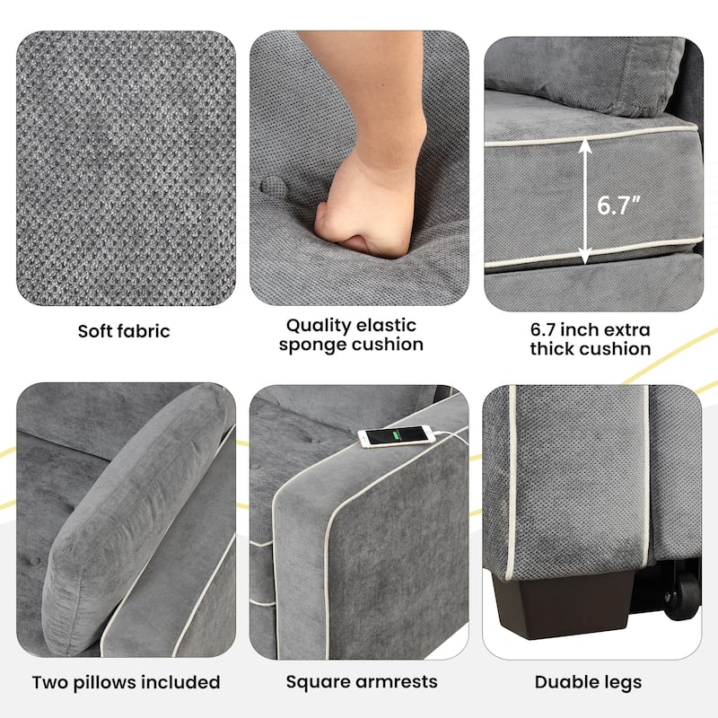 Pull Out Sleeper Bed, Sofa Bed Couch with USB Charging Port, Lounge Loveseat Sofa Daybed with Adjustable Backrest