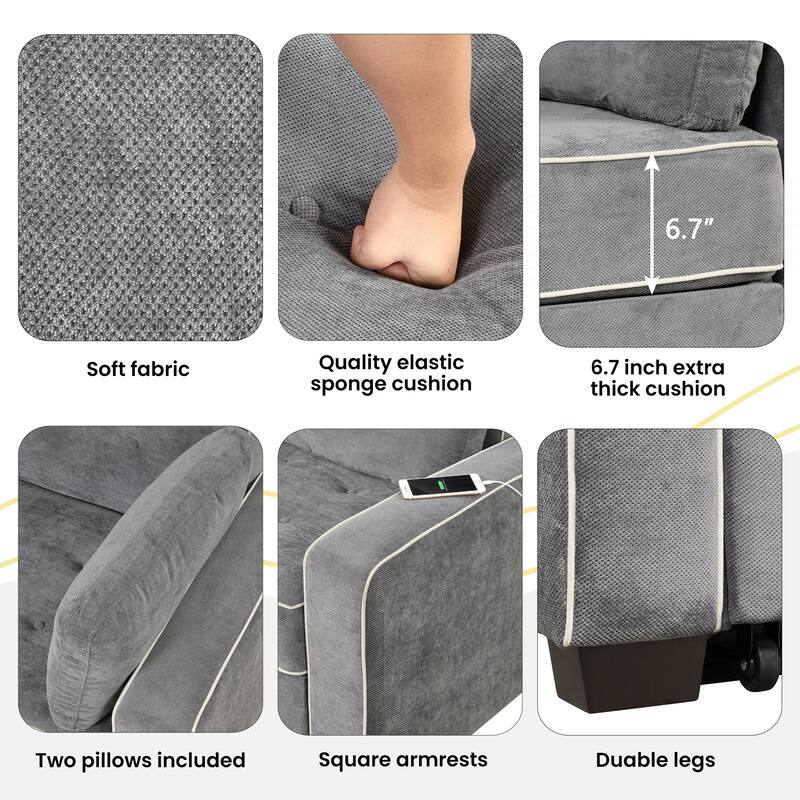 Upholstered Loveseat Pull Out Sofa Bed, Lounge Couch w2 Pillows & 2 USB Port, Adjustable Backrest Futon Sofa Tufted Couch
