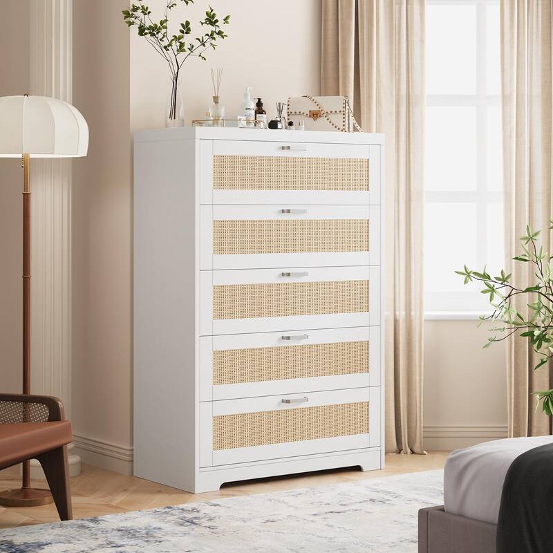 4/5 Drawer Rattan Dresser for Bedroom, Wood Dresser Chest of Drawers with Power Outlets