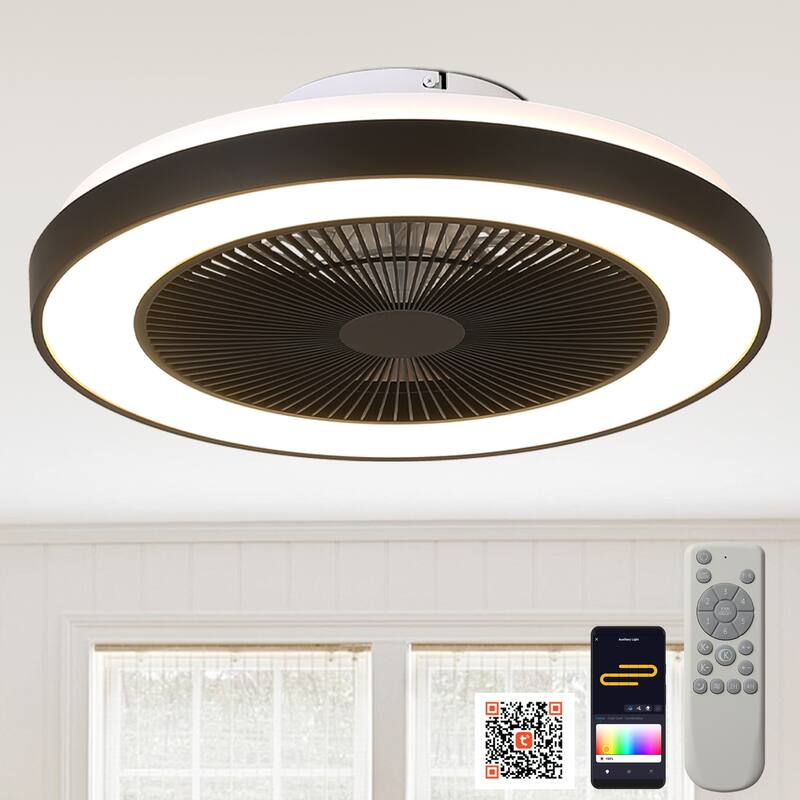 Cusp Barn 19" Modern Low Profile Flush Mount Ceiling Fans with Lights, Smart RGB Ceiling Fan with Alexa/Tuya APP/Voice Control