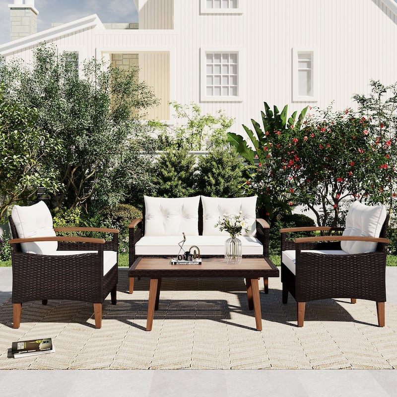 4-Piece Outdoor Wicker Patio Sofa Set with Wood Table and Removable Cushions