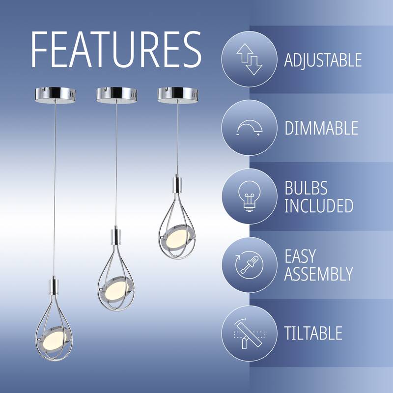 Scribble 5.5" Adjustable Modern Integrated 1-Light Cluster LED Metal Pendant, Chrome by JONATHAN Y