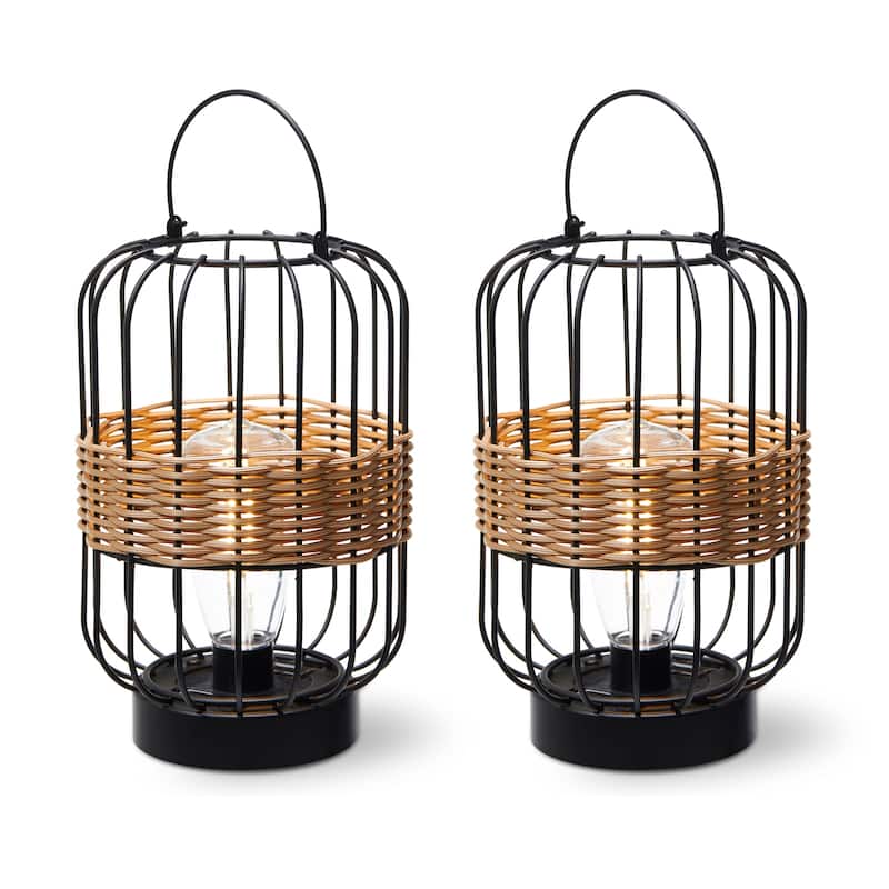 Glitzhome 11.75"H Metal & Faux Rattan Solar Powered Outdoor Lantern with Edison Bulb