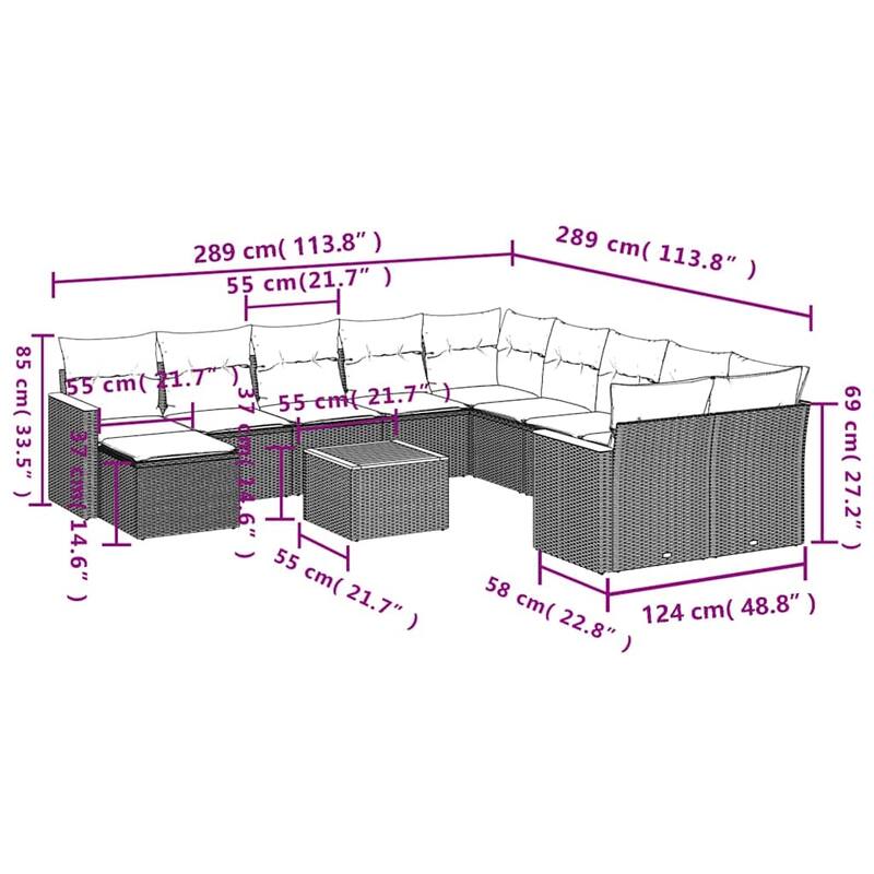 vidaXL Patio Sofa Set with Cushions Outdoor Conversation Furniture Poly Rattan - 24.4 x 24.4 x 27.2 in