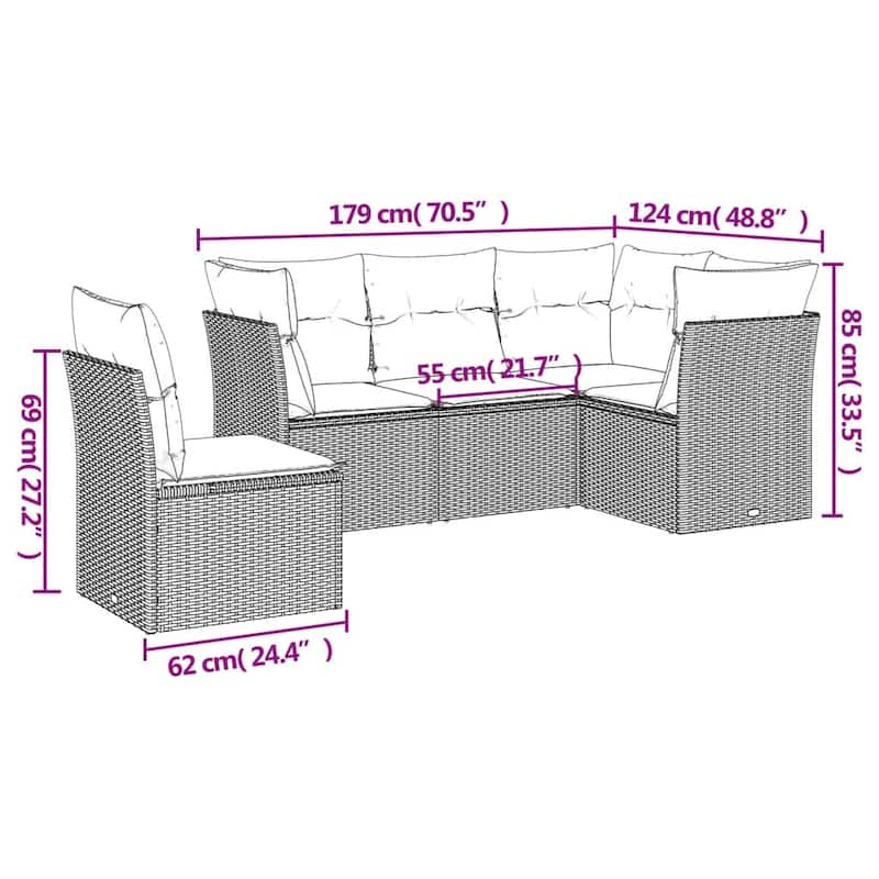 vidaXL 5 Piece Patio Sofa Set with Cushions Black Poly Rattan