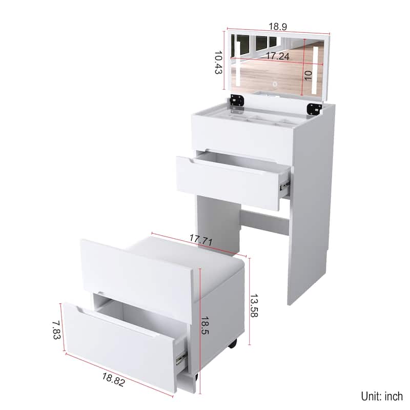 3 in 1 Vanity Desk with Flip Top Mirror, Glass Desktop, 3 Drawers and Cushioned Stool for Small Spaces