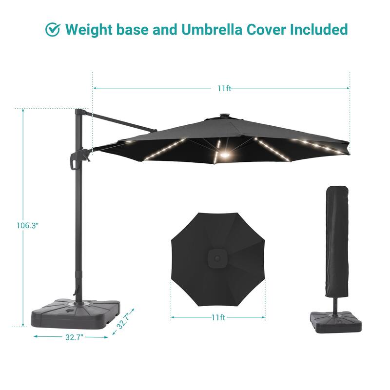 11FT Solar LED Patio Cantilever Umbrella With Resin Base by Bonosuki