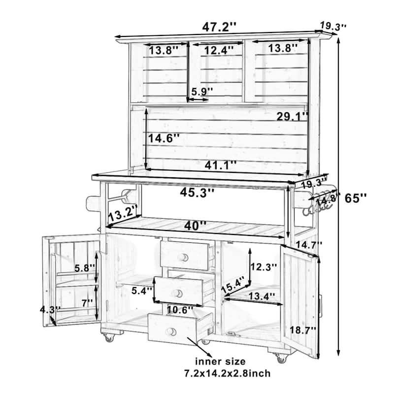 65''H Outdoor Potting Bench Garden Storage Table w/Lockable Wheels, Drawers, Cabinets & Side Hooks - N/A