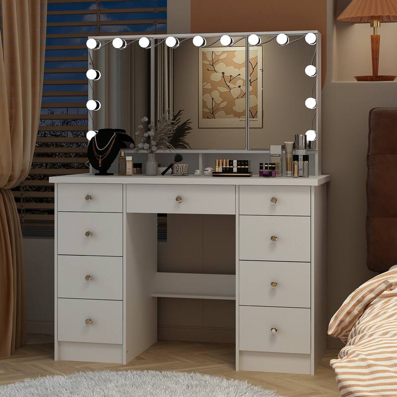 White Makeup Vanity - LED Mirror, USB-Powered Lights, Dresser Table