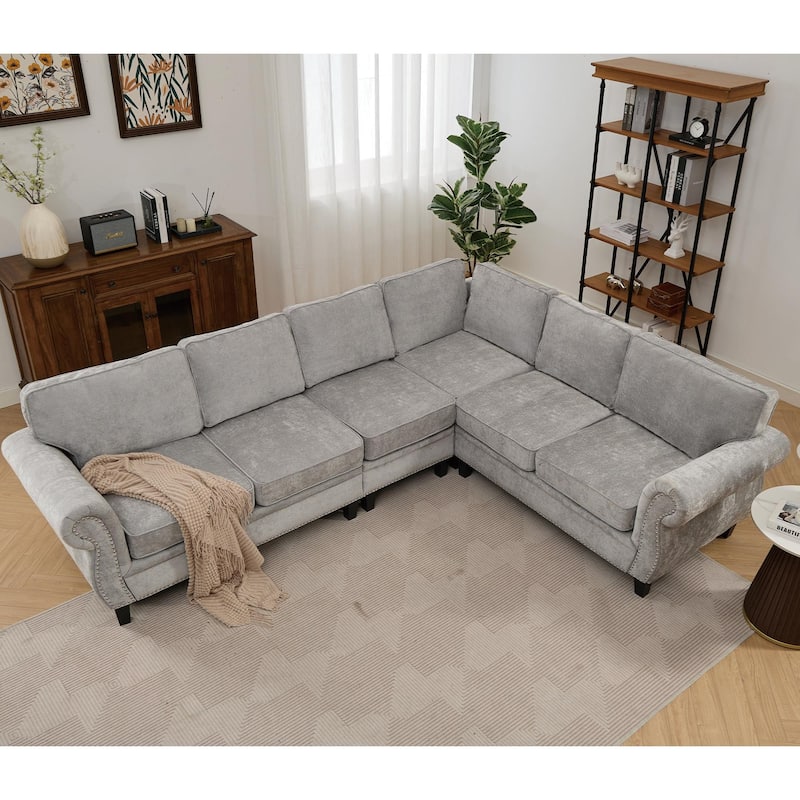 Modern Chenille Fabric Modular L Shaped Sectional Sofa Couch,6 Seater
