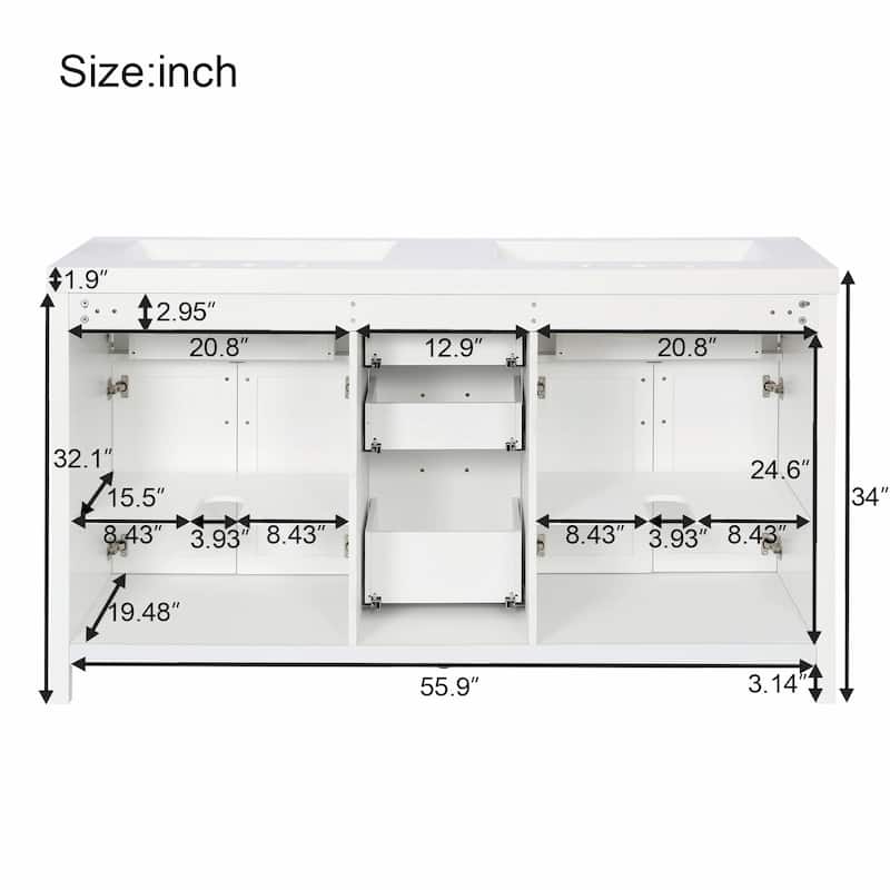 59.3" Modern Double Sink Bathroom Vanity with SMC Sinks, Solid Wood Frame, Soft-Close Doors & Drawers, Adjustable U-Shaped Shelf