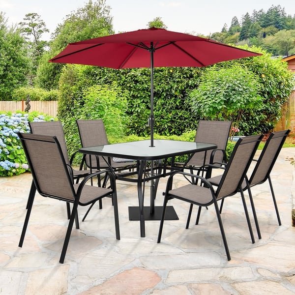 glass patio tables with umbrella hole Lakeside 6-Piece Outdoor Garden Table Furniture Set Chairs and Dine alfresco in the comfort of your own home with this large rectangular glass patio table 7PCS Patio Dining Set 6