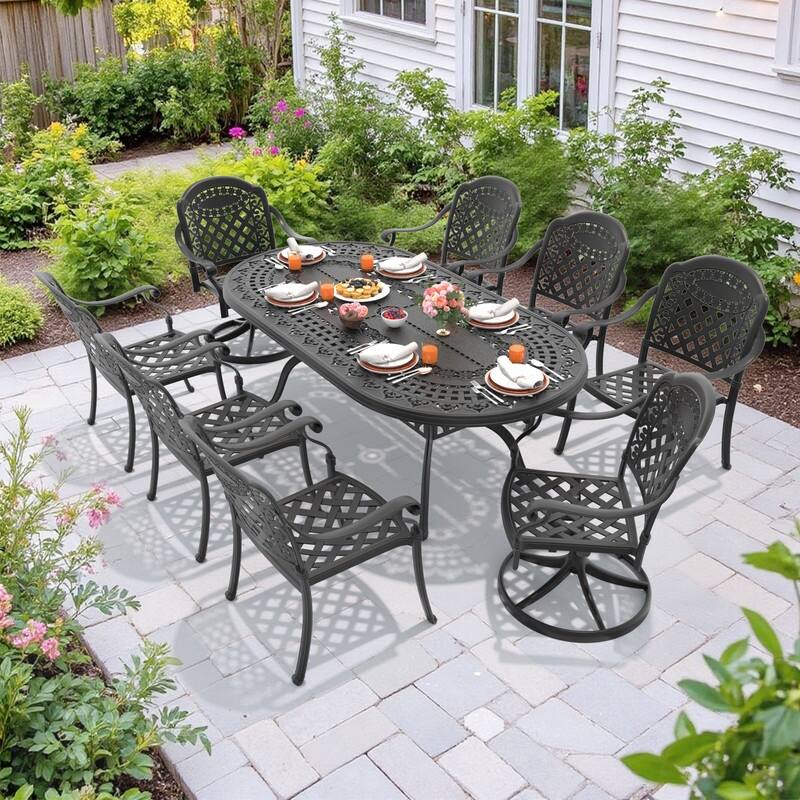 9-Piece Outdoor Dining Set with 1 Table and 8 Chairs, All-Weather Aluminum Outdoor Patio Sets