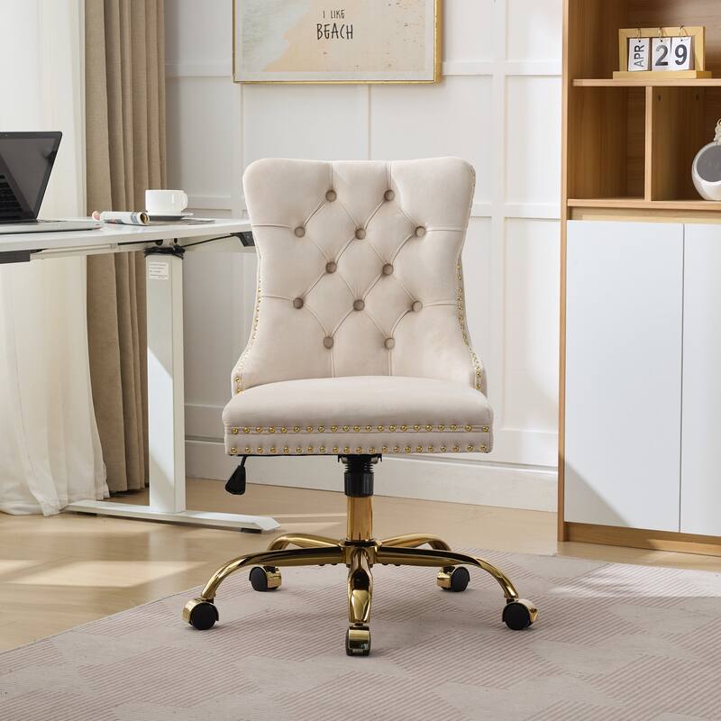 GDF Studio - Velvet Tufted Upholstered Home Office Chair with Golden Metal Base with Swivel Adjustment and Elegant Button Back