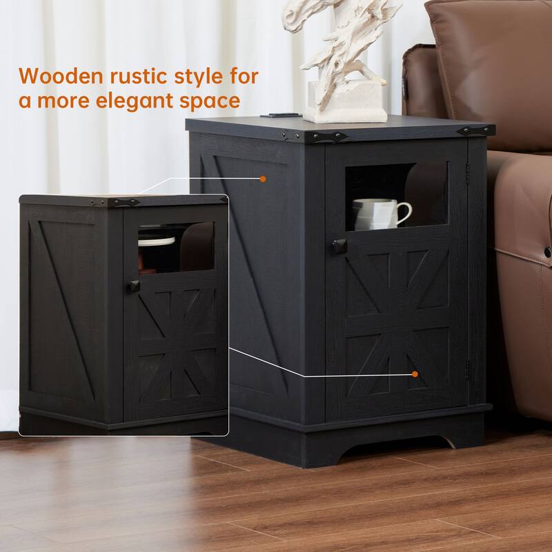 Farmhouse 18' Rustic Nightstand Wooden End Table with Charging, Barn Door, Adjustable Shelf and 3-Tier Storage