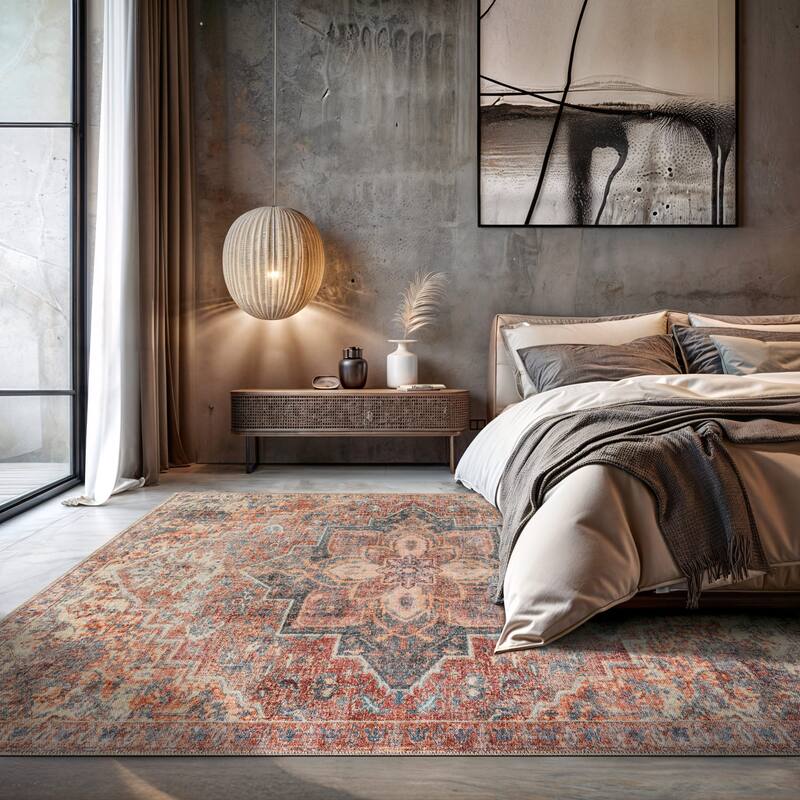 Beige Floral Medallion Washable Rug - Low Pile, Non-Slip