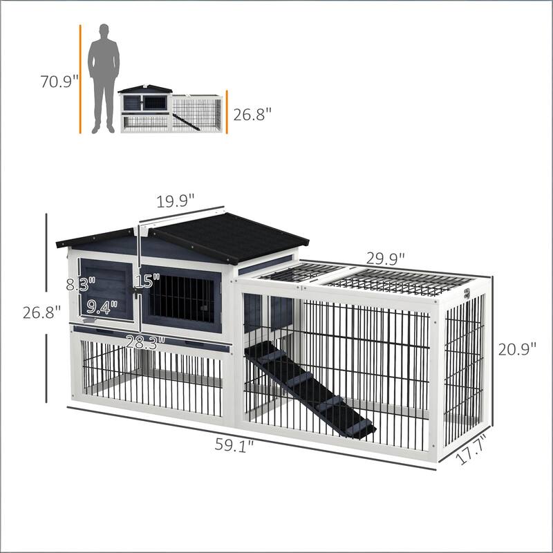 Outdoor Pet House,Rabbit Hutch,Small Animal Hutch Cage is designed for convenient cleaning - Black,Dark Gray+White
