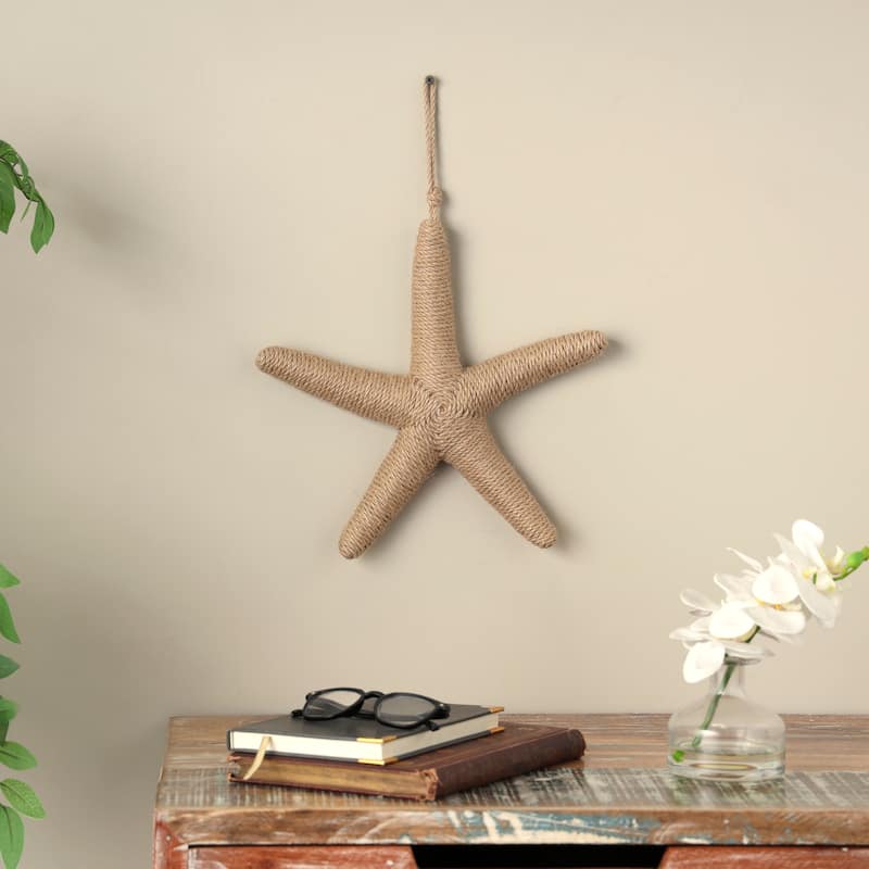 Light Brown or Cream Jute Handmade Wrapped Starfish Wall Decor with Hanging Rope - Light Brown