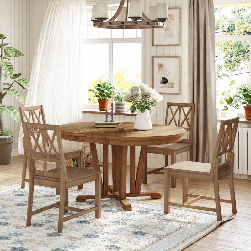 Rustic 5-Piece Extendable Dining Table Set with Round Trestle Table and 4 Cross Back Dining Chairs - Brown