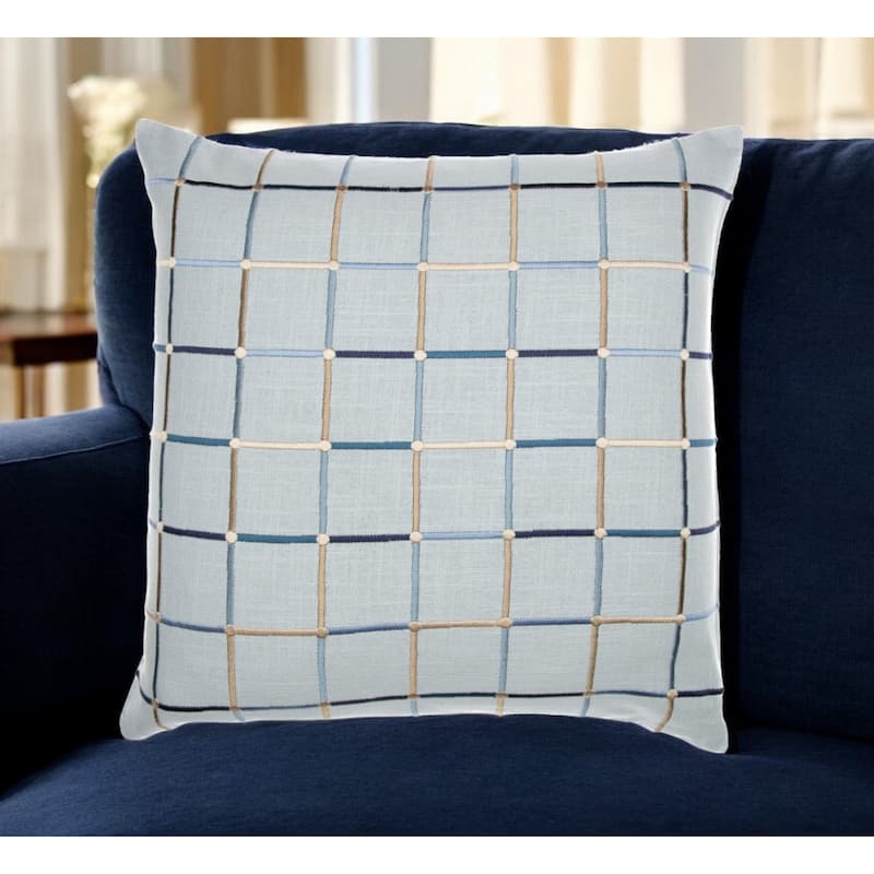 HomeRoots 24" Light Blue Check Cotton Blend Throw Pillow With Embroidery - Accent - Polyester