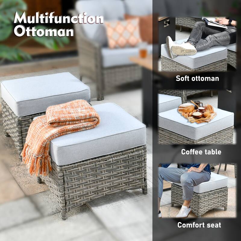 XIZZI Patio Wicker Ottoman with Cushion Outdoor Footrest