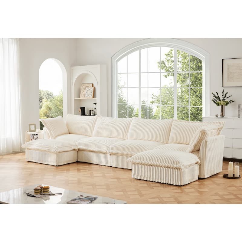 156.6" U-Shaped Corduroy Sectional Sofa with Deep Seat & Slipcover - Cream