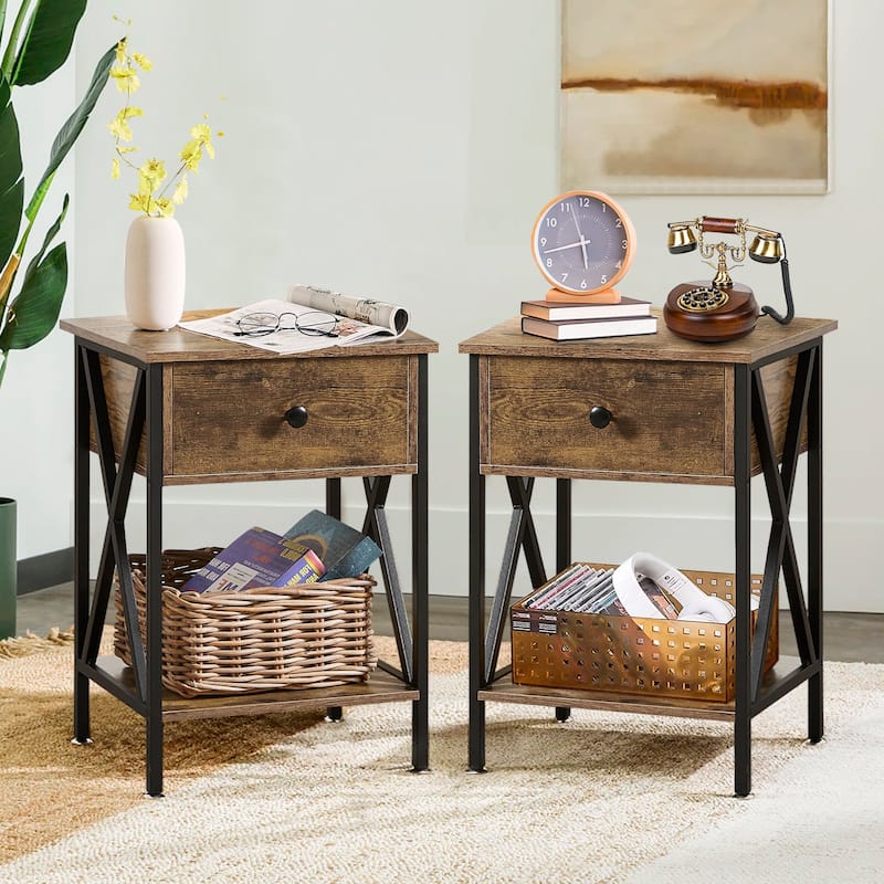 Javlergo Set of 2 Nightstand with 1 Drawer and Storage Shelf End Table Bedside Table for Bedroom Living room Office