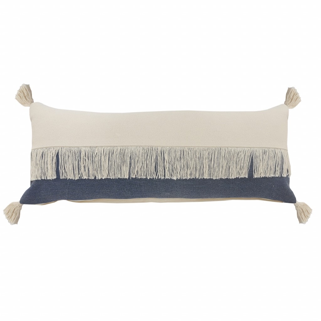 HomeRoots 14" X 36" Denim Blue And Off-White 100% Cotton Zippered Pillow