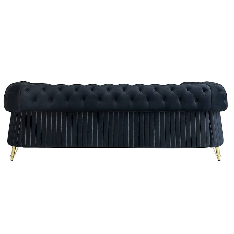 Living Room Chesterfield Velvet Sofa with Button Tufted Backrest, Vertical Stripe Design and Golden Metal Decorative