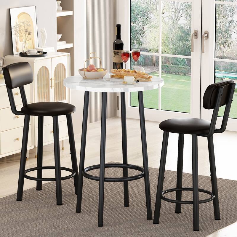 3-Piece Counter Height Bar Table Set, Faux Marble Round Bistro Dining Set with Two PU Leather Upholstered Chairs
