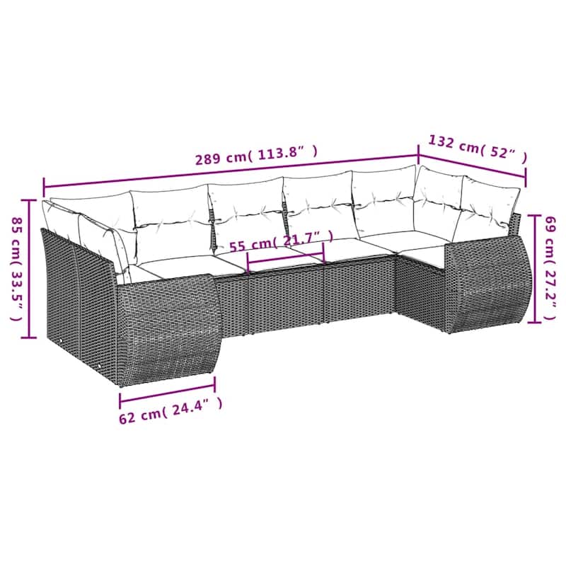 vidaXL Patio Sofa Set with Cushions Outdoor Furniture 7 Piece Poly Rattan - 24.4 x 28.0 x 27.2