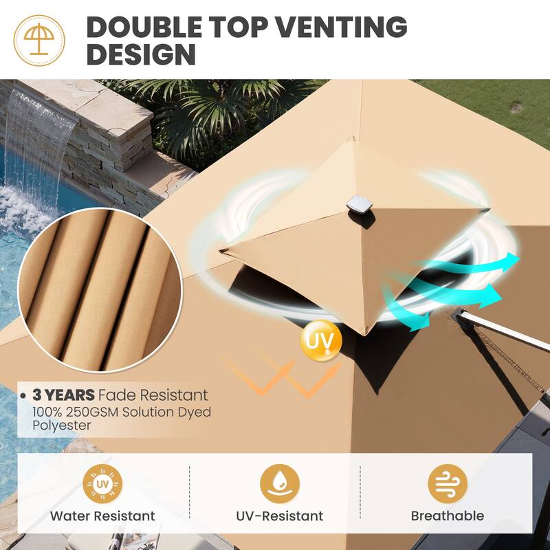 11 FT Square Outdoor Premium Double Top Solar Powered LED Patio Cantilever Umbrella