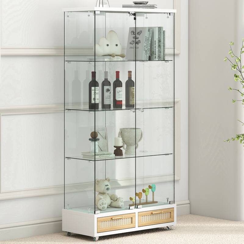 Modern Glass Display Cabinet with Large Drawer for Living Room and Bedroom