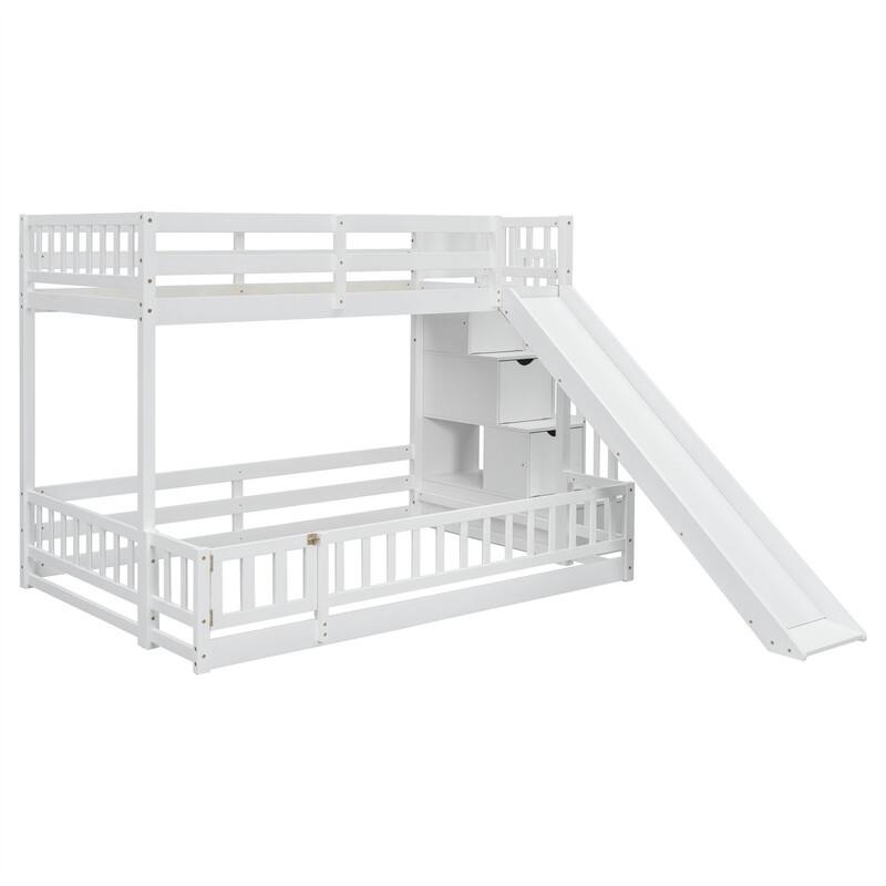 Twin Over Full Multifunctional Kids Bunk Bed Frame with Slide, Wooden Loft Bed with Storage Staircase and Guardrails