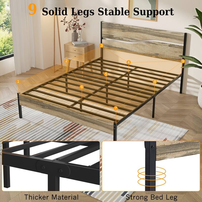 Industrial Metal Bed Frame with Wood Headboard Twin/Full/Queen Bed Slate Platform Metal Bedframe No Box Spring Needed