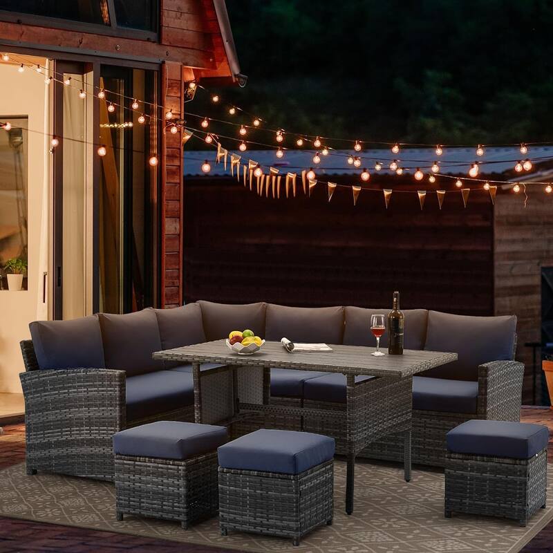 AECOJOY 7-Piece Outdoor Patio Wicker Sectional Sofa with Dining Table