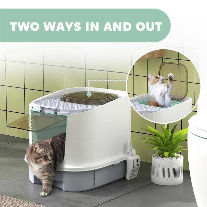 Covered Cat Litter Box with Removable Drawer and Odor Control Bags Top Exit Design for Cats
