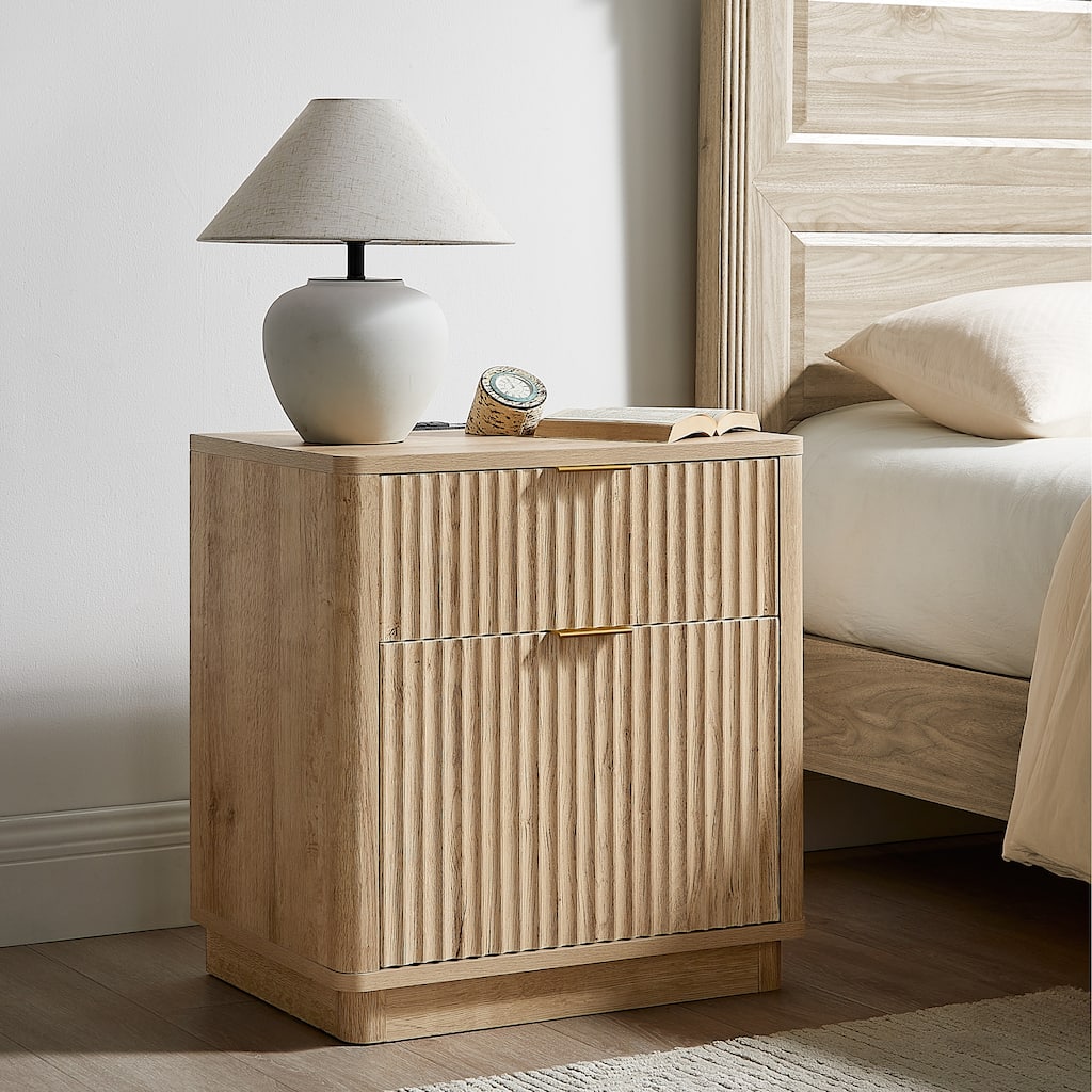 Modern Fluted Nightstand with Charging Station, 2 Drawer Bedside Table