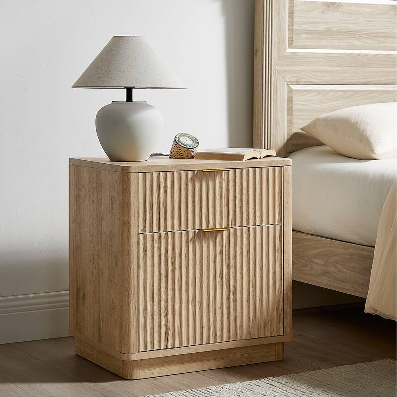Modern Fluted Nightstand with Charging Station, 2 Drawer Bedside Table - Oak