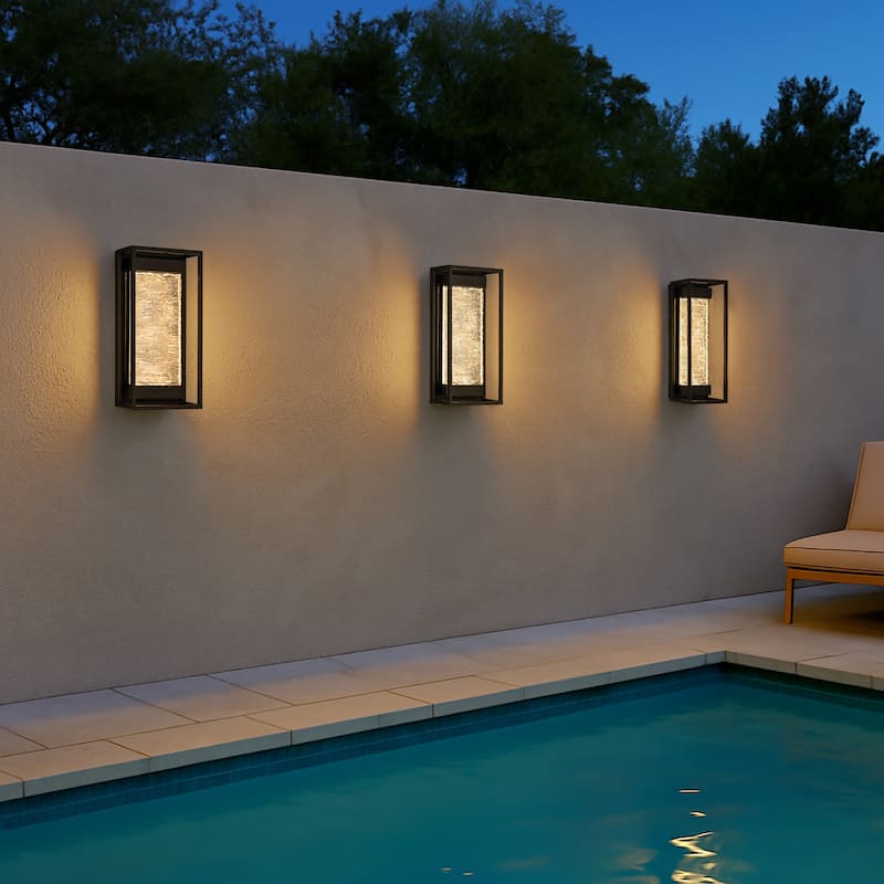 Modern Dusk to Dawn Sensor Matte Black Integrated LED Light Fixture with Handcrafted Textured Glass for Porch Garage (2 Pack)