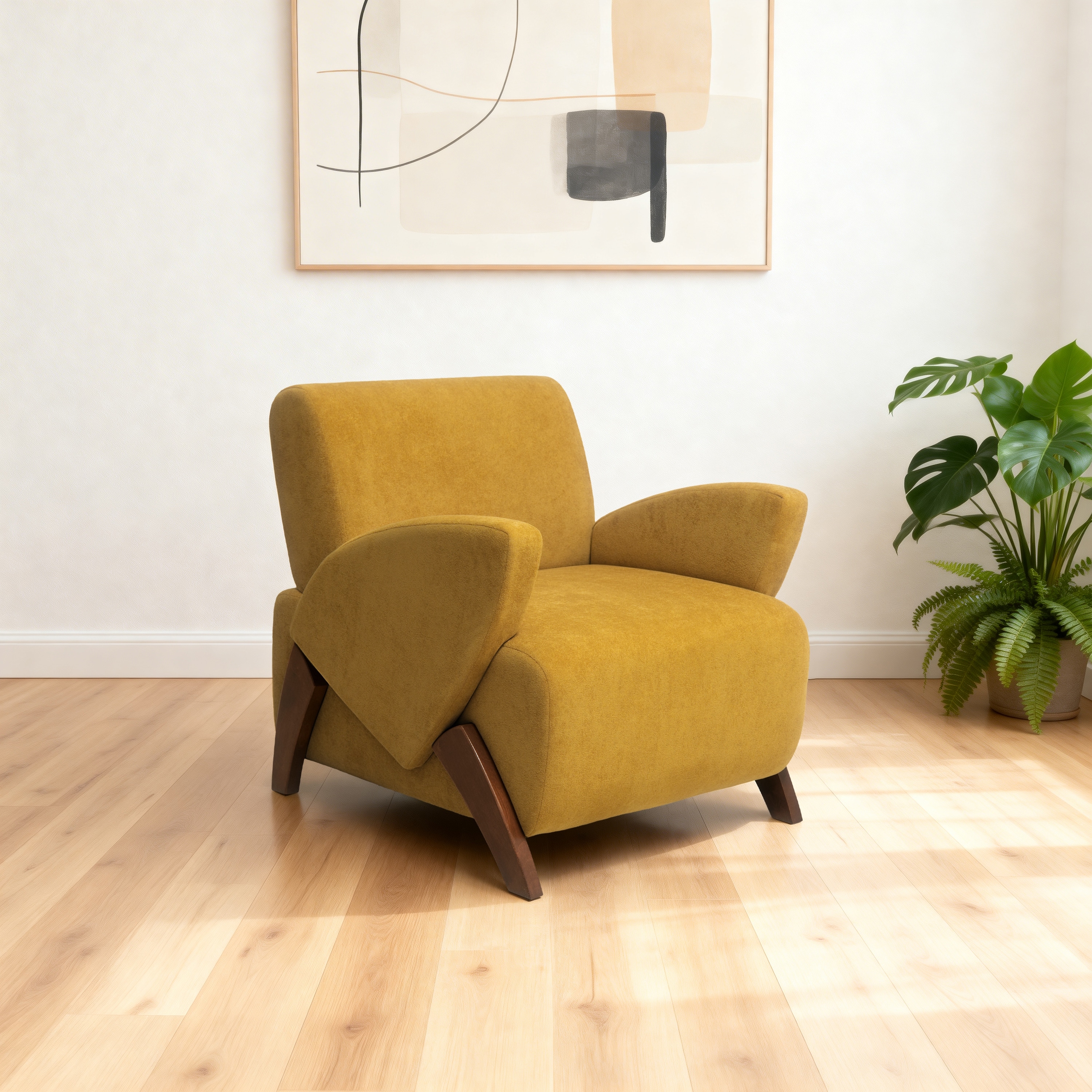 Simple Lounge Chair Sofa Chair Accent Chair with Wood Legs, Brown Yellow Decorative Chair Side Chair Reception Chair