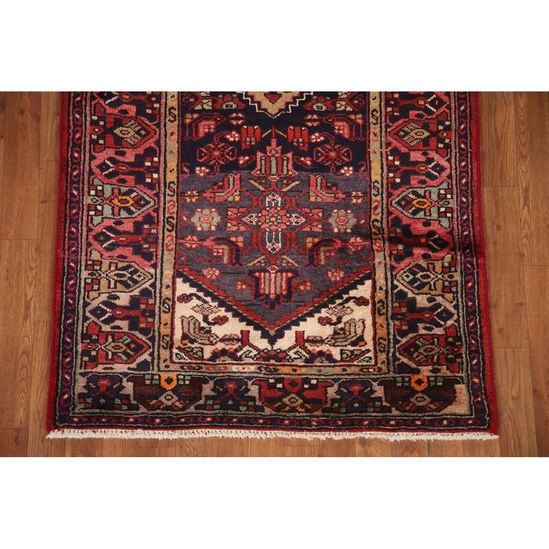 Hand Knotted Oriental 100% Wool Carpet Traditional Tribal Navy Blue & Blues Hamedan Runner Rug - 10' 9'' X 3' 6''