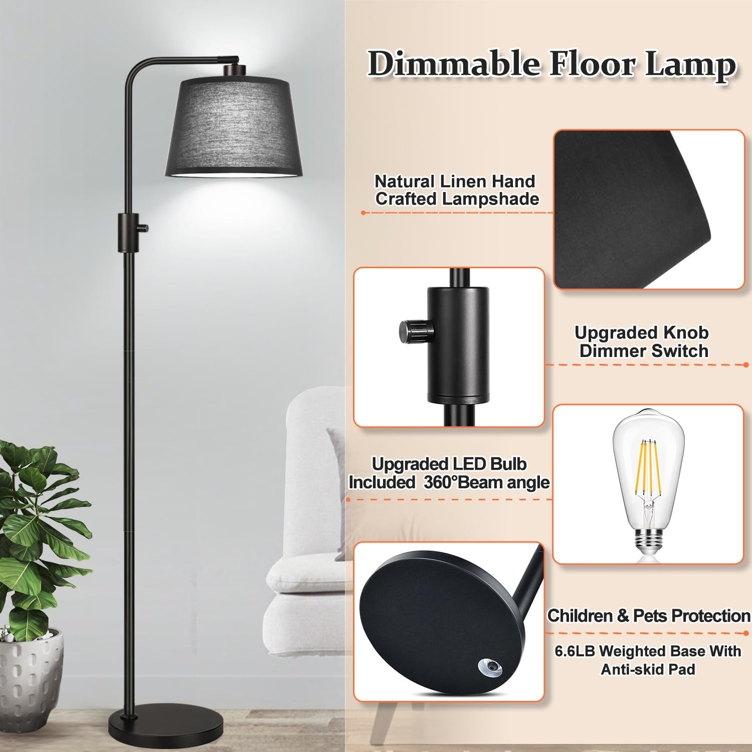 Upgraded Dimmable Floor Lamp 1000 Lumens LED Edison Bulb Included Arc Floor Lamps for Living Room Modern Standing Lamp Bed Bath Beyond 40539913