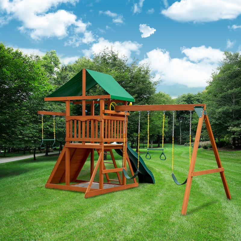 Gorilla Playsets Avalon Wood Outdoor Playground Swing Set with Trapeze Arm - Amber