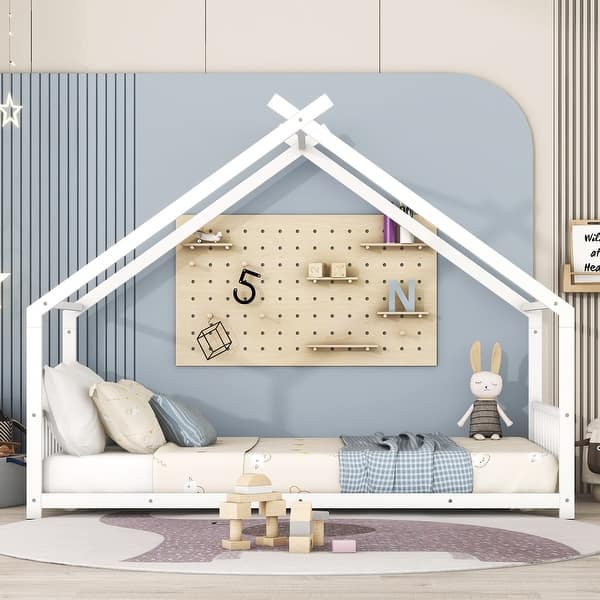 slide 2 of 9, Metal House-shaped Frame Twin Size Floor Bed White Grounded Bed White - Twin