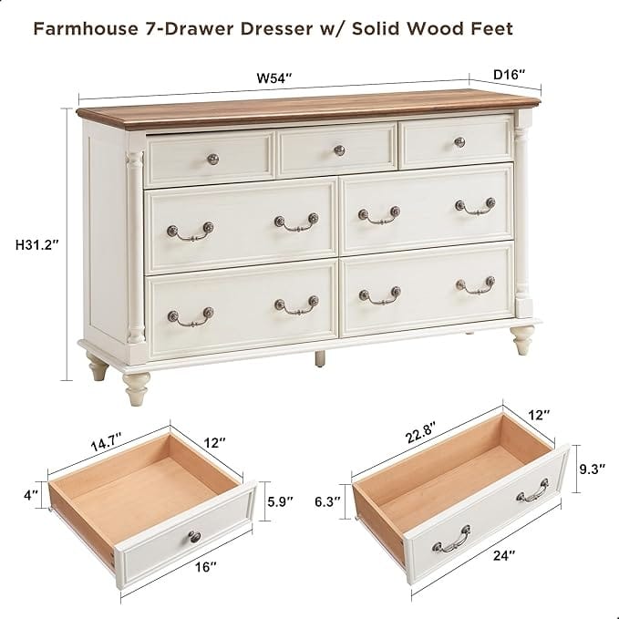 Farmhouse 7 Drawers Dresser Chests, Rustic Wood Chest of Drawers